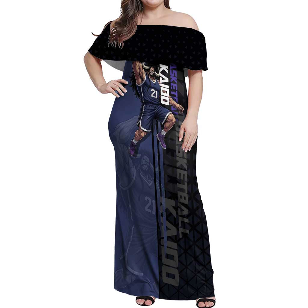 Kaido One Piece Basketball Theme Navy and Black Design Off Shoulder Maxi Dress with Dragon Skull Emblem and Power Dunk Pose - The Mazicc