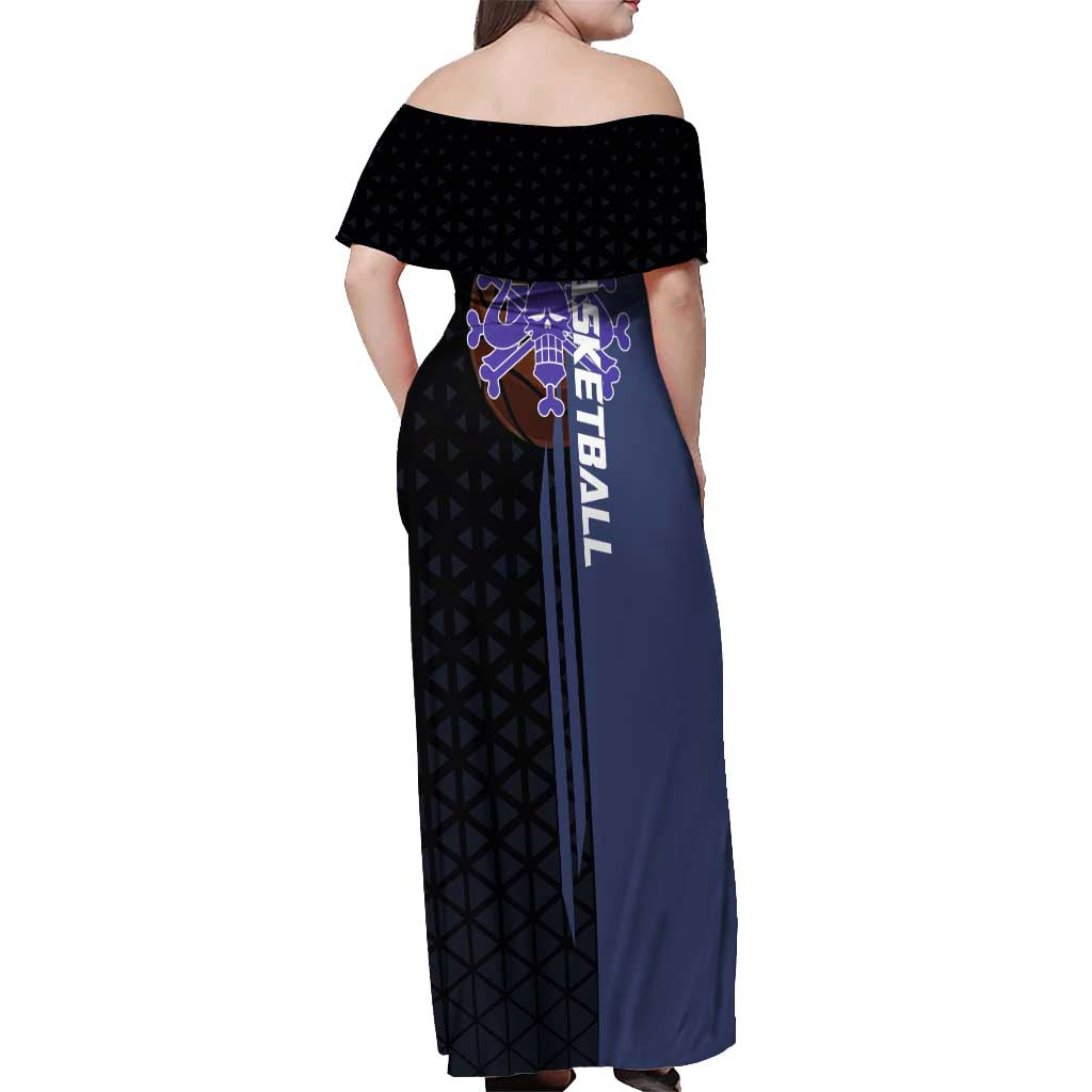 Kaido One Piece Basketball Theme Navy and Black Design Off Shoulder Maxi Dress with Dragon Skull Emblem and Power Dunk Pose - The Mazicc