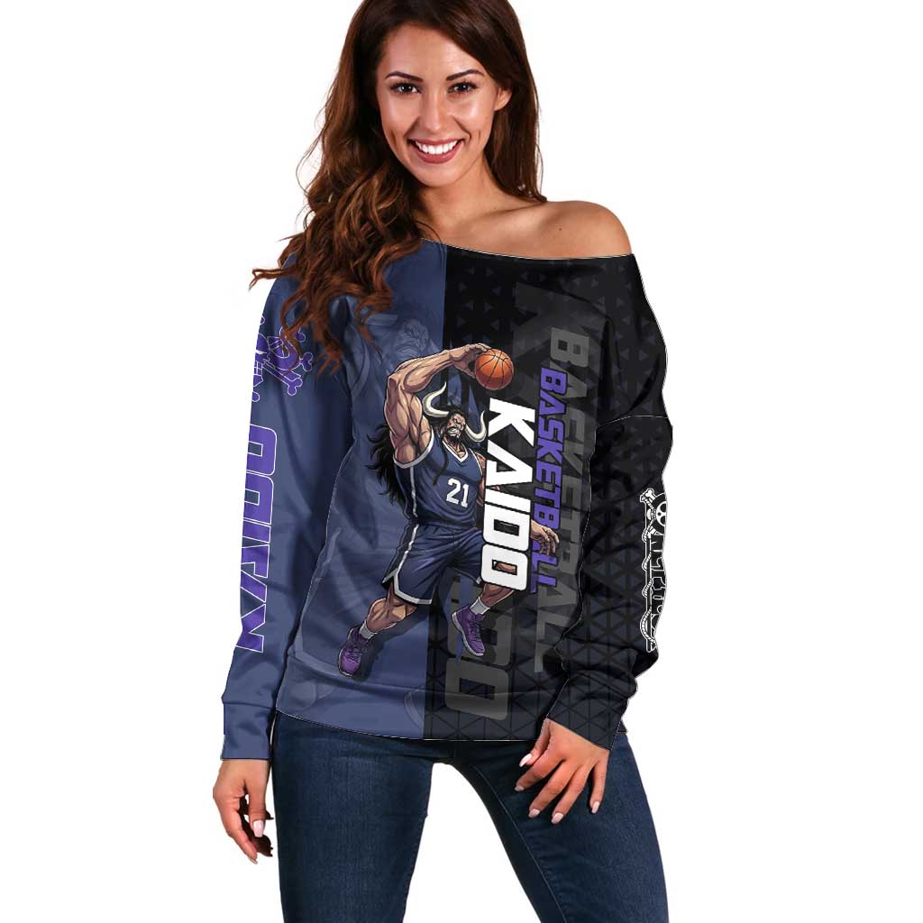 Kaido One Piece Basketball Theme Navy and Black Design Off Shoulder Sweater with Dragon Skull Emblem and Power Dunk Pose - The Mazicc