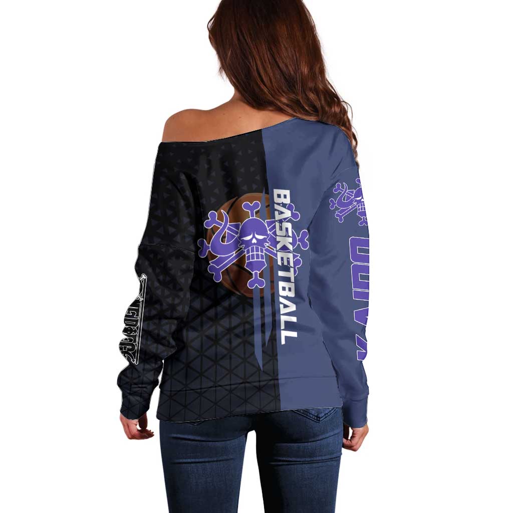 Kaido One Piece Basketball Theme Navy and Black Design Off Shoulder Sweater with Dragon Skull Emblem and Power Dunk Pose - The Mazicc
