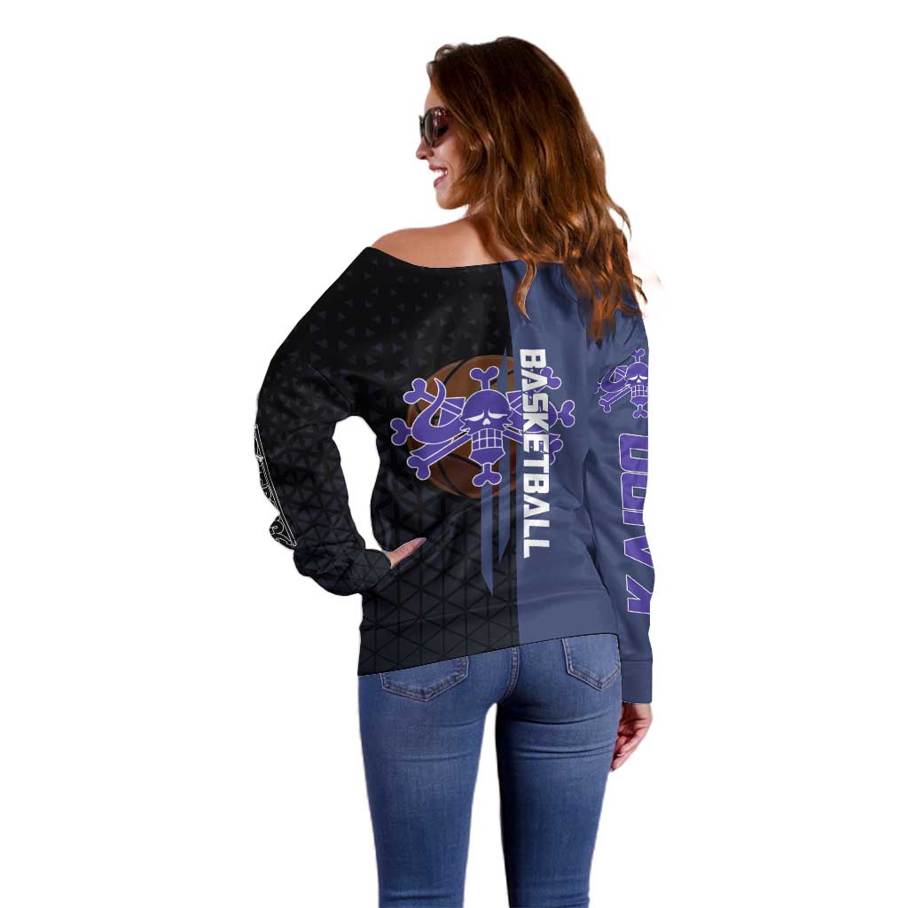 Kaido One Piece Basketball Theme Navy and Black Design Off Shoulder Sweater with Dragon Skull Emblem and Power Dunk Pose - The Mazicc