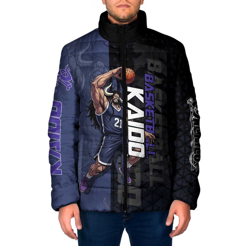Kaido One Piece Basketball Theme Navy and Black Design Padded Jacket with Dragon Skull Emblem and Power Dunk Pose - The Mazicc
