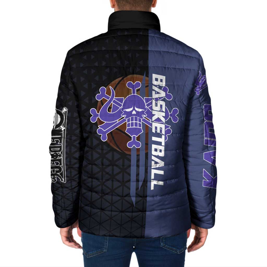 Kaido One Piece Basketball Theme Navy and Black Design Padded Jacket with Dragon Skull Emblem and Power Dunk Pose - The Mazicc