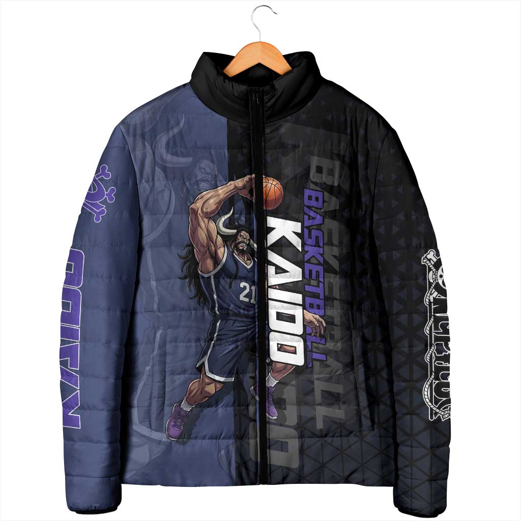 Kaido One Piece Basketball Theme Navy and Black Design Padded Jacket with Dragon Skull Emblem and Power Dunk Pose - The Mazicc