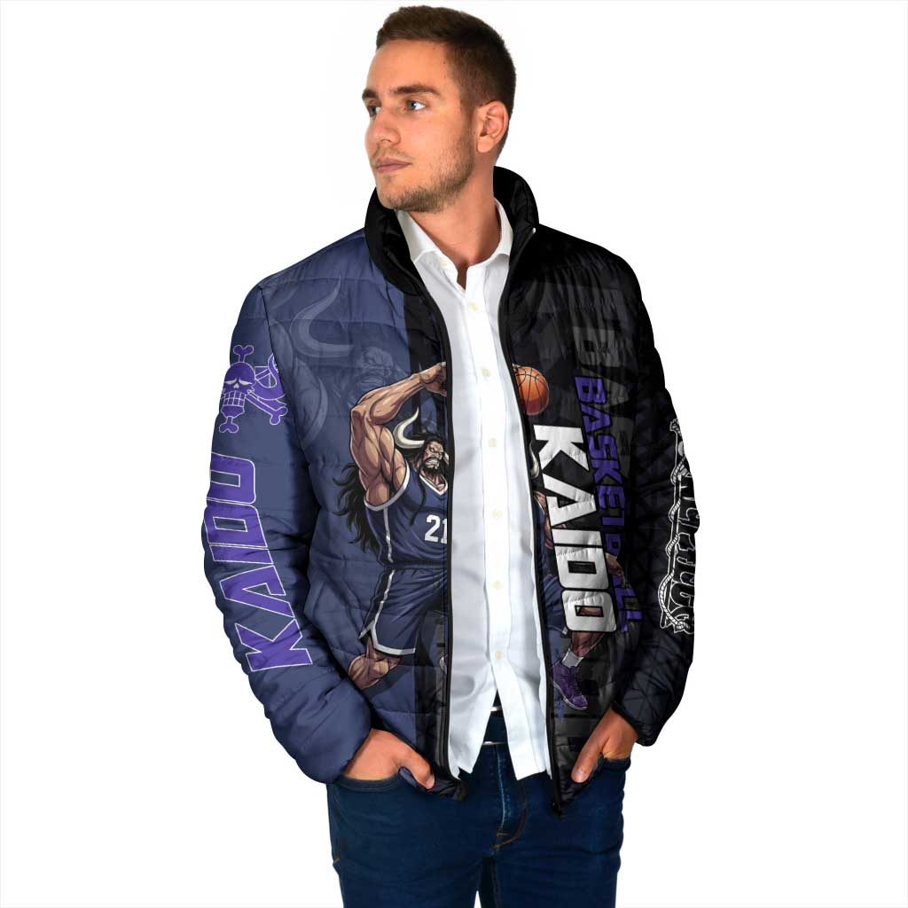 Kaido One Piece Basketball Theme Navy and Black Design Padded Jacket with Dragon Skull Emblem and Power Dunk Pose - The Mazicc