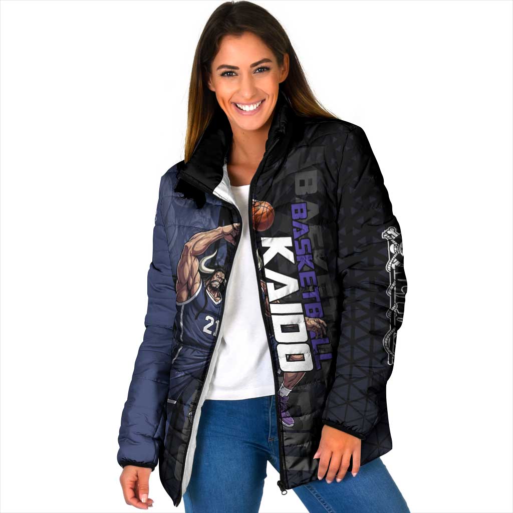 Kaido One Piece Basketball Theme Navy and Black Design Padded Jacket with Dragon Skull Emblem and Power Dunk Pose - The Mazicc