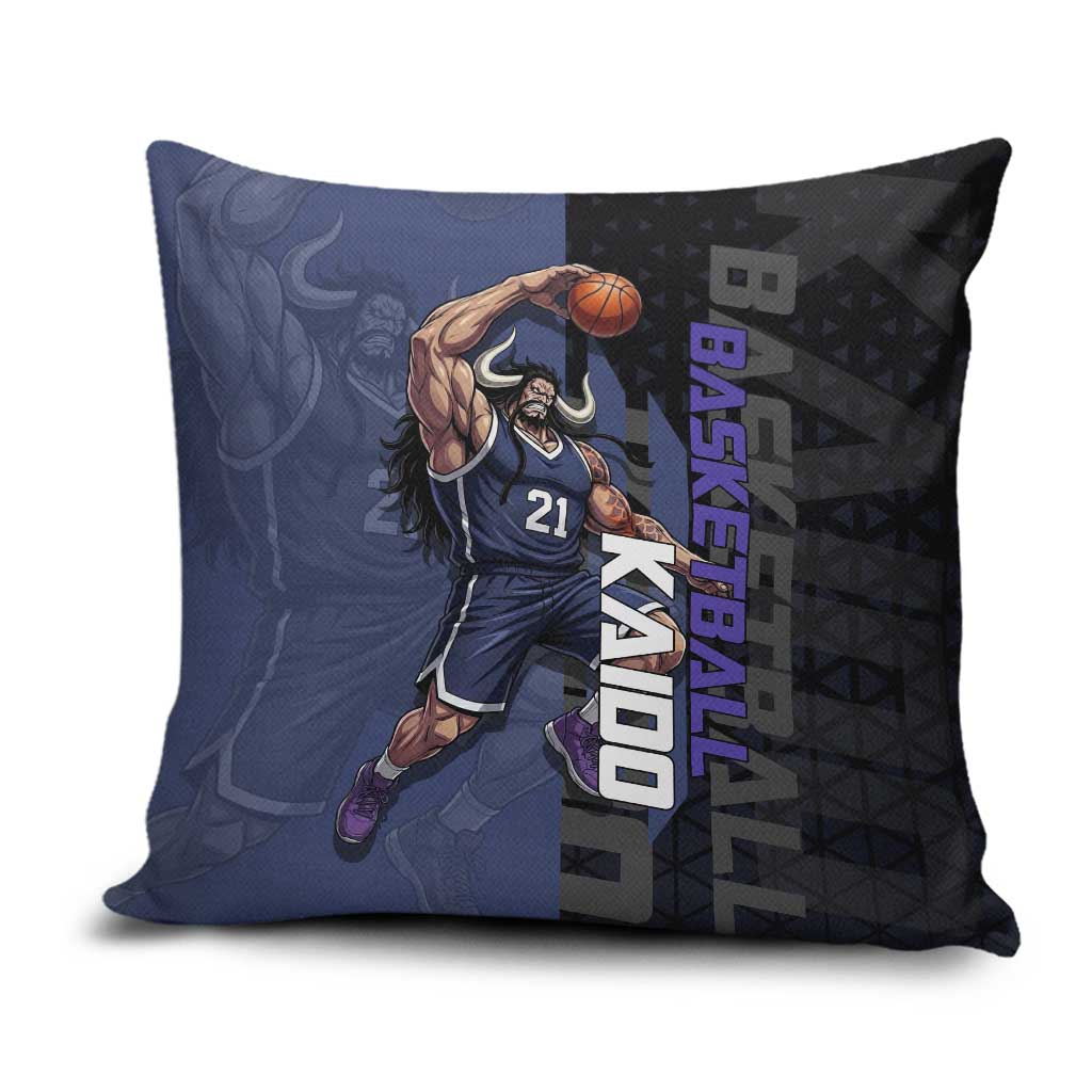 Kaido One Piece Basketball Theme Navy and Black Design Pillow Cover with Dragon Skull Emblem and Power Dunk Pose - The Mazicc