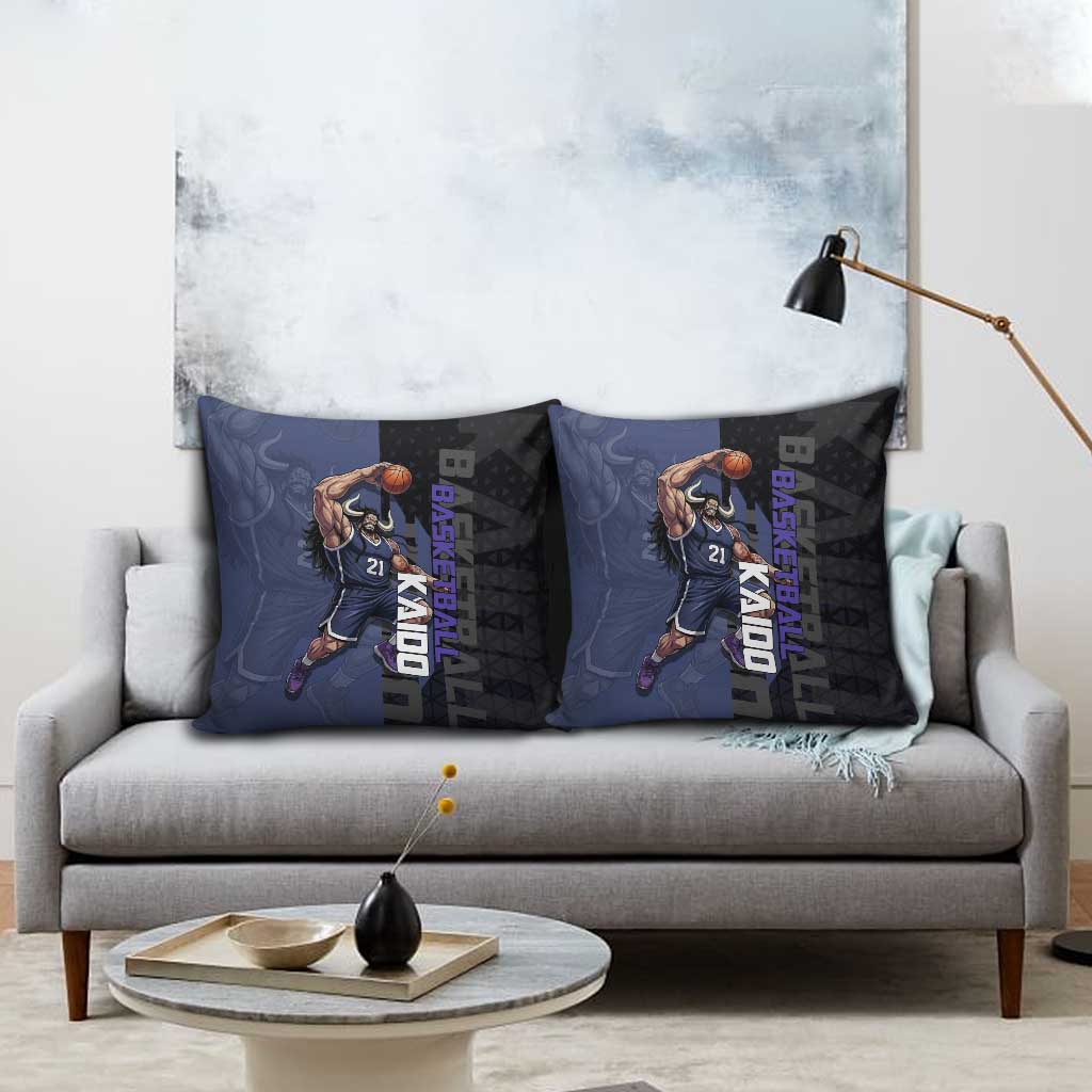 Kaido One Piece Basketball Theme Navy and Black Design Pillow Cover with Dragon Skull Emblem and Power Dunk Pose - The Mazicc