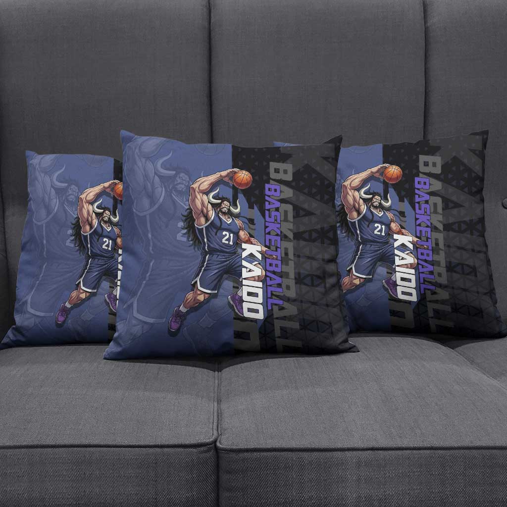 Kaido One Piece Basketball Theme Navy and Black Design Pillow Cover with Dragon Skull Emblem and Power Dunk Pose - The Mazicc