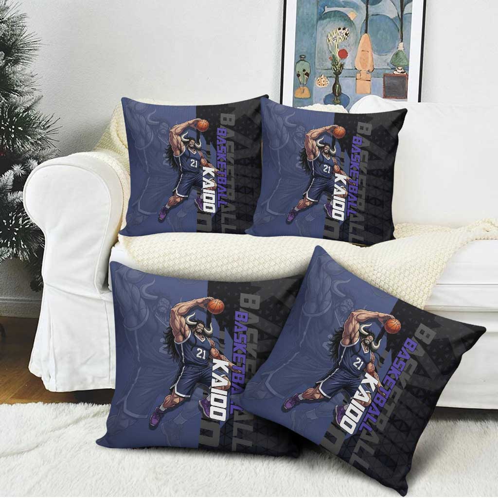 Kaido One Piece Basketball Theme Navy and Black Design Pillow Cover with Dragon Skull Emblem and Power Dunk Pose - The Mazicc