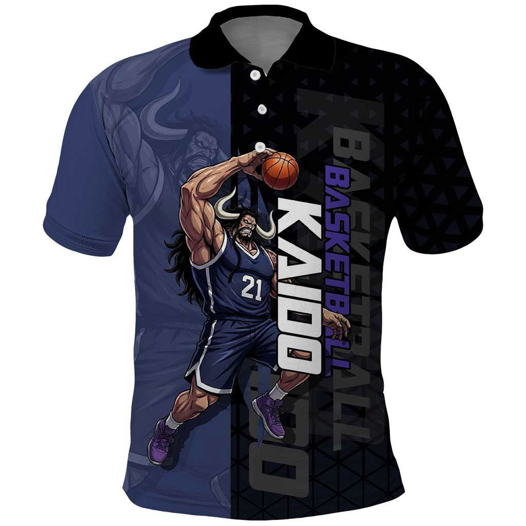 Kaido One Piece Basketball Theme Navy and Black Design Polo Shirt with Dragon Skull Emblem and Power Dunk Pose - The Mazicc