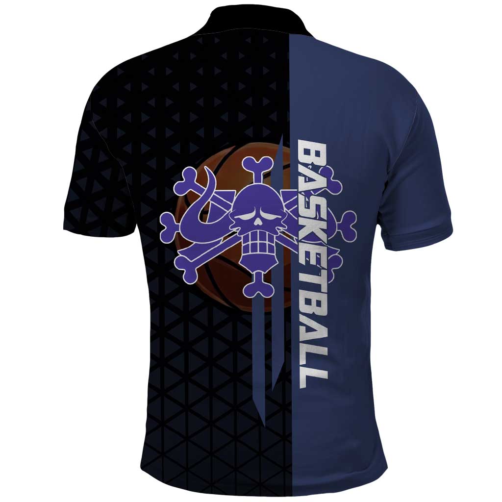 Kaido One Piece Basketball Theme Navy and Black Design Polo Shirt with Dragon Skull Emblem and Power Dunk Pose - The Mazicc