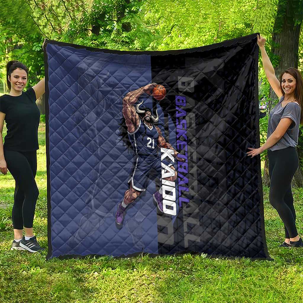 Kaido One Piece Basketball Theme Navy and Black Design Quilt with Dragon Skull Emblem and Power Dunk Pose - The Mazicc