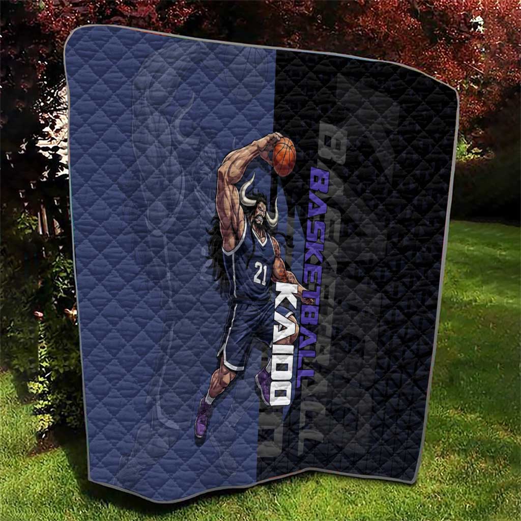 Kaido One Piece Basketball Theme Navy and Black Design Quilt with Dragon Skull Emblem and Power Dunk Pose - The Mazicc