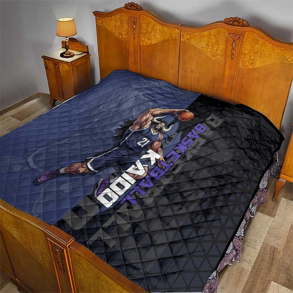Kaido One Piece Basketball Theme Navy and Black Design Quilt with Dragon Skull Emblem and Power Dunk Pose - The Mazicc