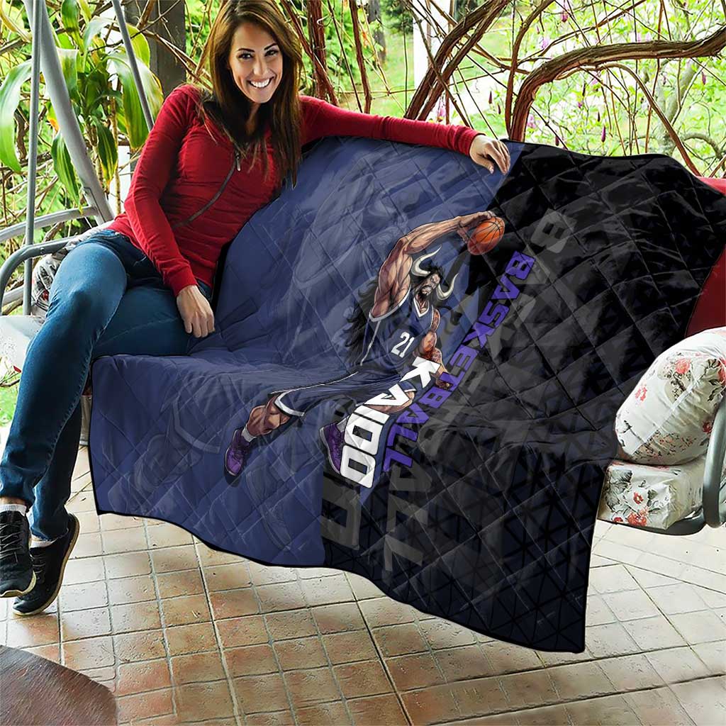 Kaido One Piece Basketball Theme Navy and Black Design Quilt with Dragon Skull Emblem and Power Dunk Pose - The Mazicc
