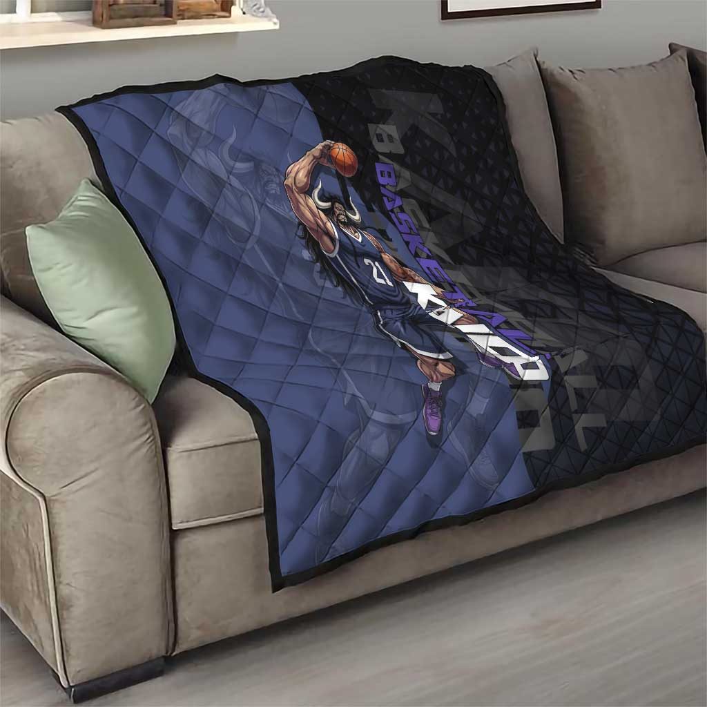 Kaido One Piece Basketball Theme Navy and Black Design Quilt with Dragon Skull Emblem and Power Dunk Pose - The Mazicc