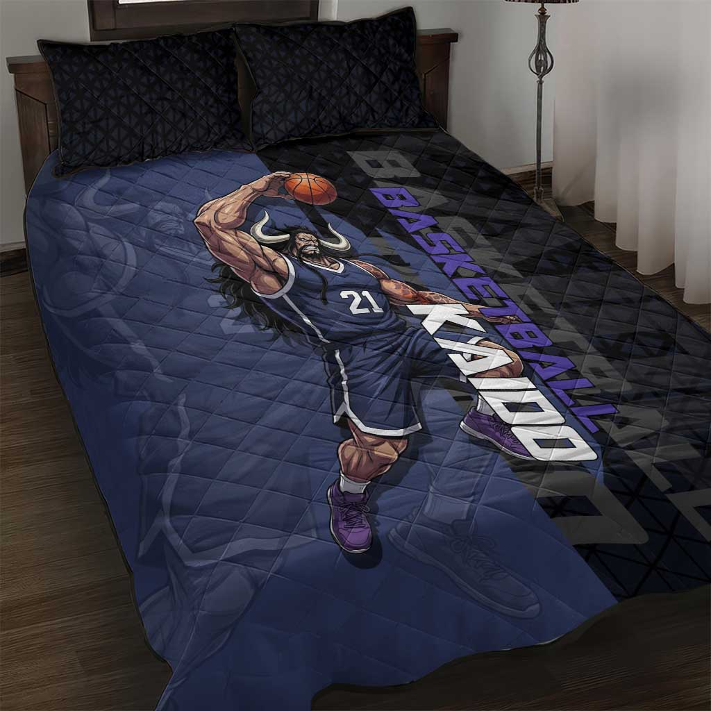 Kaido One Piece Basketball Theme Navy and Black Design Quilt Bed Set with Dragon Skull Emblem and Power Dunk Pose - The Mazicc