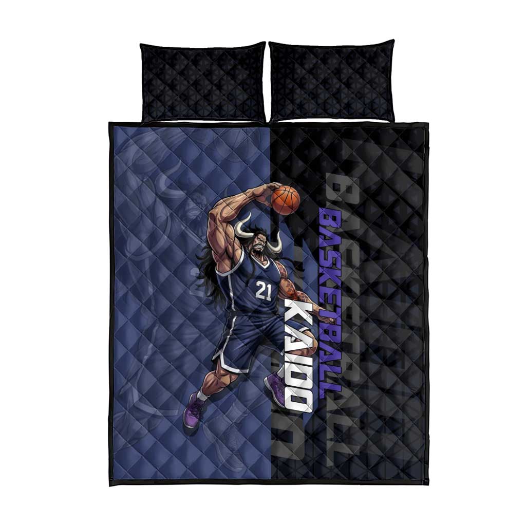 Kaido One Piece Basketball Theme Navy and Black Design Quilt Bed Set with Dragon Skull Emblem and Power Dunk Pose - The Mazicc
