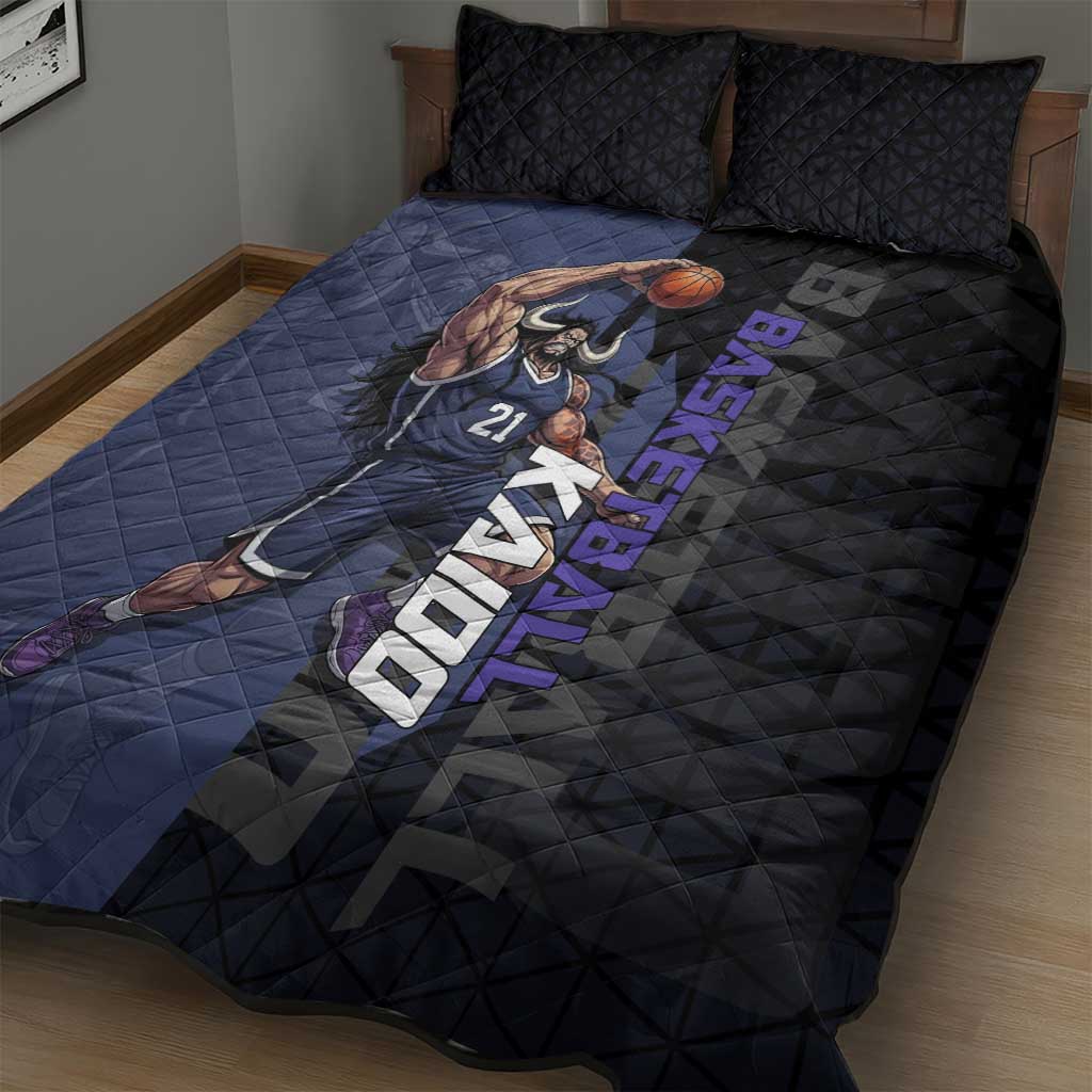 Kaido One Piece Basketball Theme Navy and Black Design Quilt Bed Set with Dragon Skull Emblem and Power Dunk Pose - The Mazicc