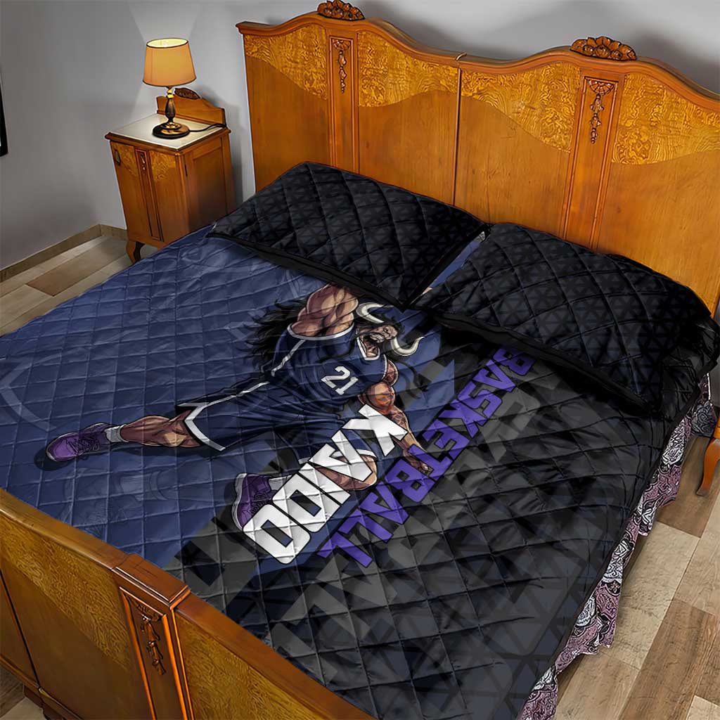 Kaido One Piece Basketball Theme Navy and Black Design Quilt Bed Set with Dragon Skull Emblem and Power Dunk Pose - The Mazicc