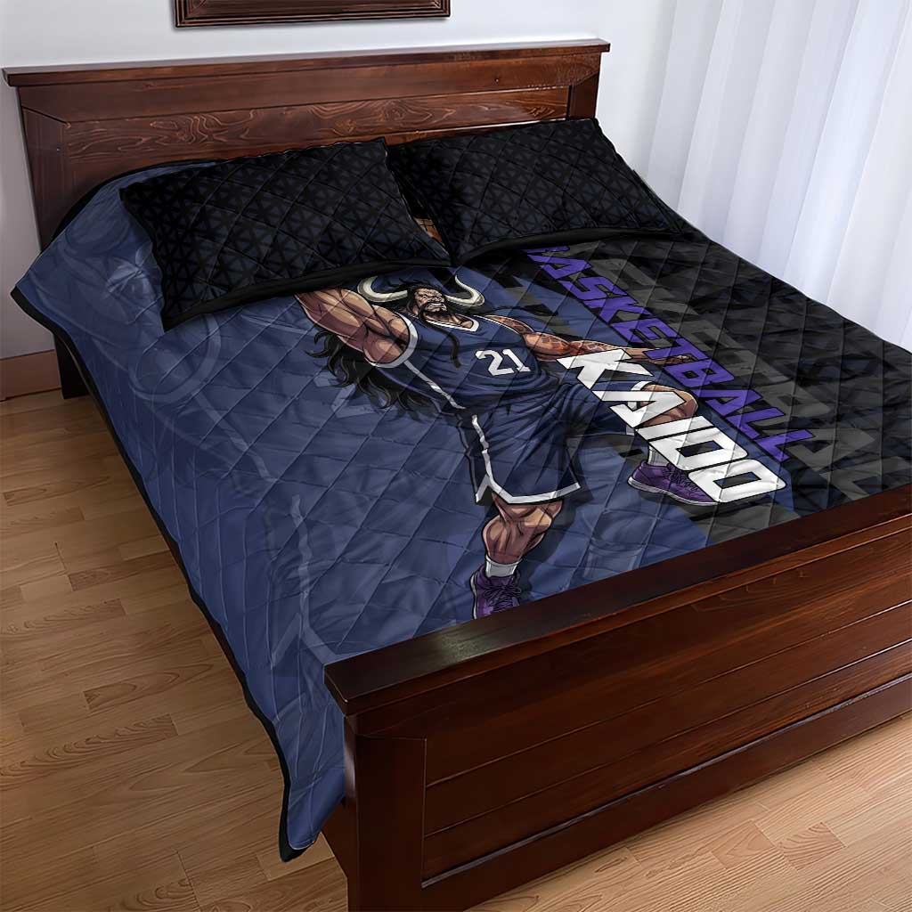 Kaido One Piece Basketball Theme Navy and Black Design Quilt Bed Set with Dragon Skull Emblem and Power Dunk Pose - The Mazicc