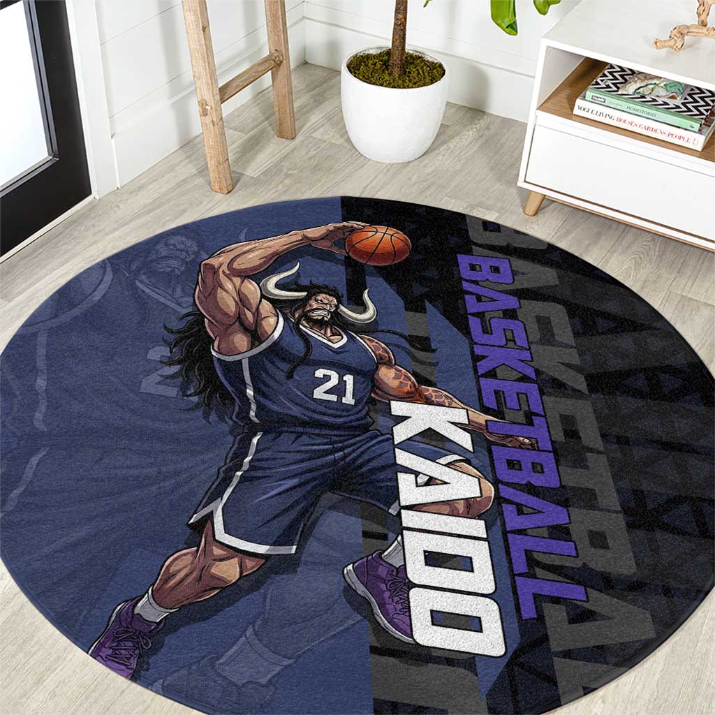 Kaido One Piece Basketball Theme Navy and Black Design Round Carpet with Dragon Skull Emblem and Power Dunk Pose - The Mazicc