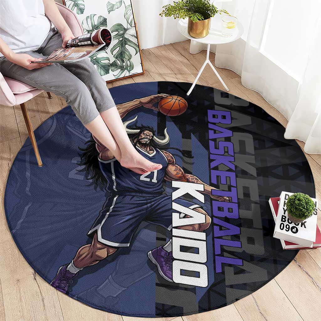 Kaido One Piece Basketball Theme Navy and Black Design Round Carpet with Dragon Skull Emblem and Power Dunk Pose - The Mazicc