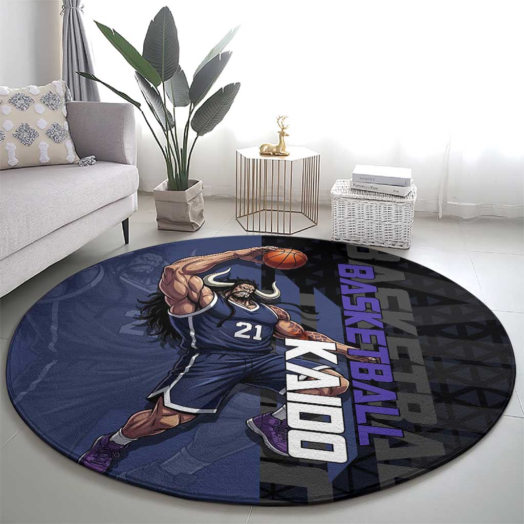 Kaido One Piece Basketball Theme Navy and Black Design Round Carpet with Dragon Skull Emblem and Power Dunk Pose - The Mazicc