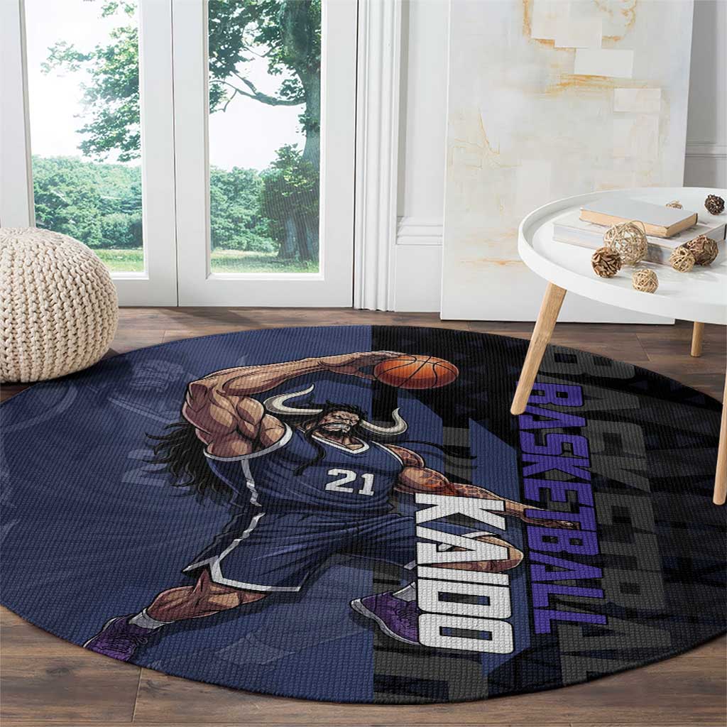 Kaido One Piece Basketball Theme Navy and Black Design Round Carpet with Dragon Skull Emblem and Power Dunk Pose - The Mazicc
