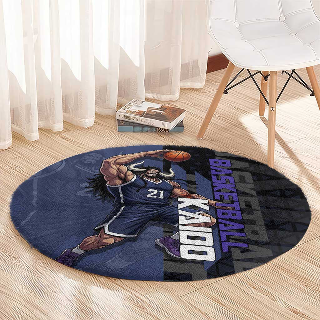 Kaido One Piece Basketball Theme Navy and Black Design Round Carpet with Dragon Skull Emblem and Power Dunk Pose - The Mazicc