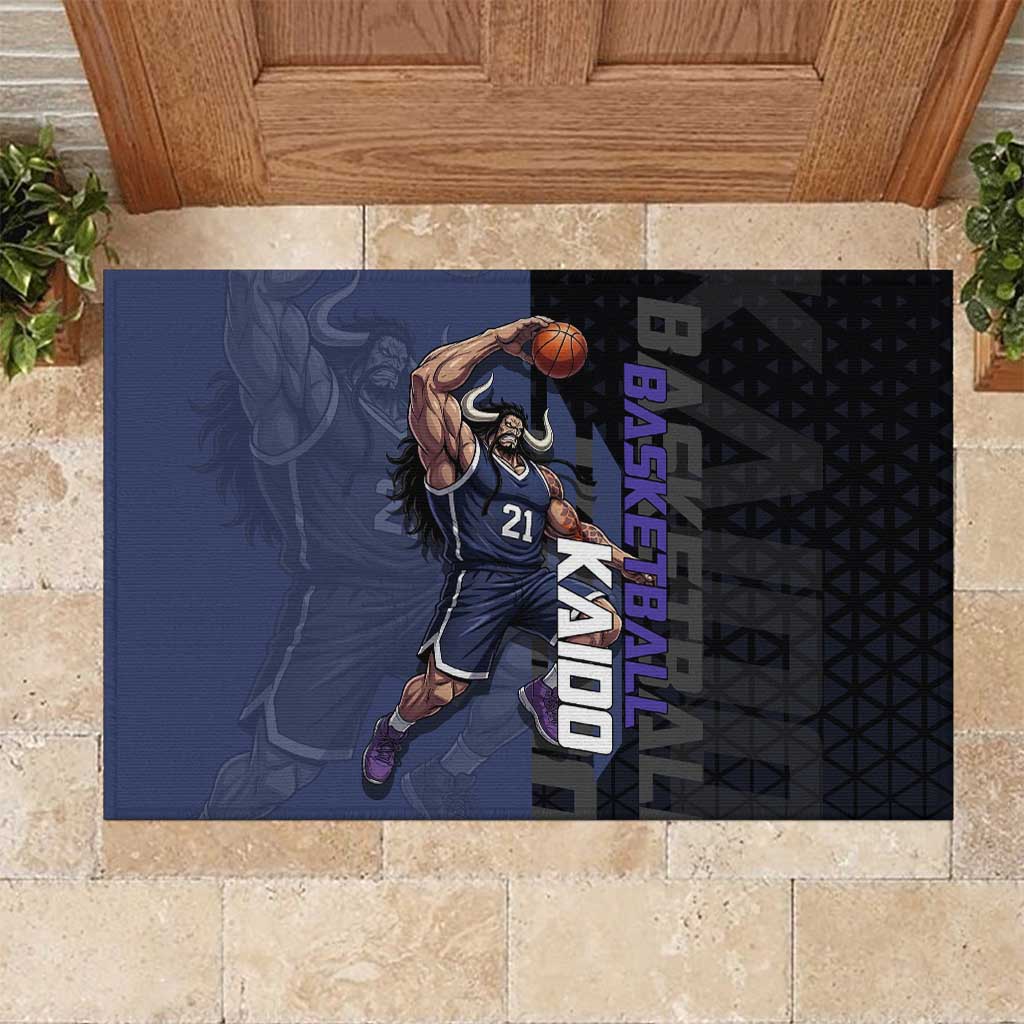 Kaido One Piece Basketball Theme Navy and Black Design Rubber Doormat with Dragon Skull Emblem and Power Dunk Pose - The Mazicc