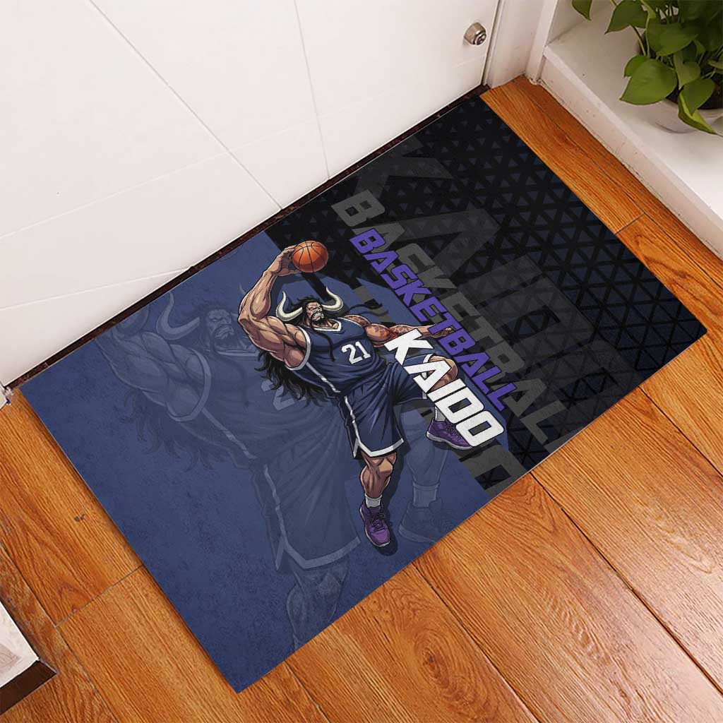 Kaido One Piece Basketball Theme Navy and Black Design Rubber Doormat with Dragon Skull Emblem and Power Dunk Pose - The Mazicc