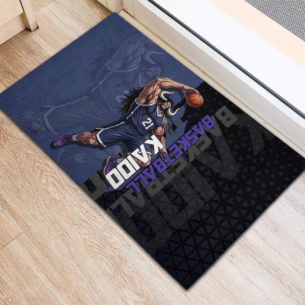 Kaido One Piece Basketball Theme Navy and Black Design Rubber Doormat with Dragon Skull Emblem and Power Dunk Pose - The Mazicc