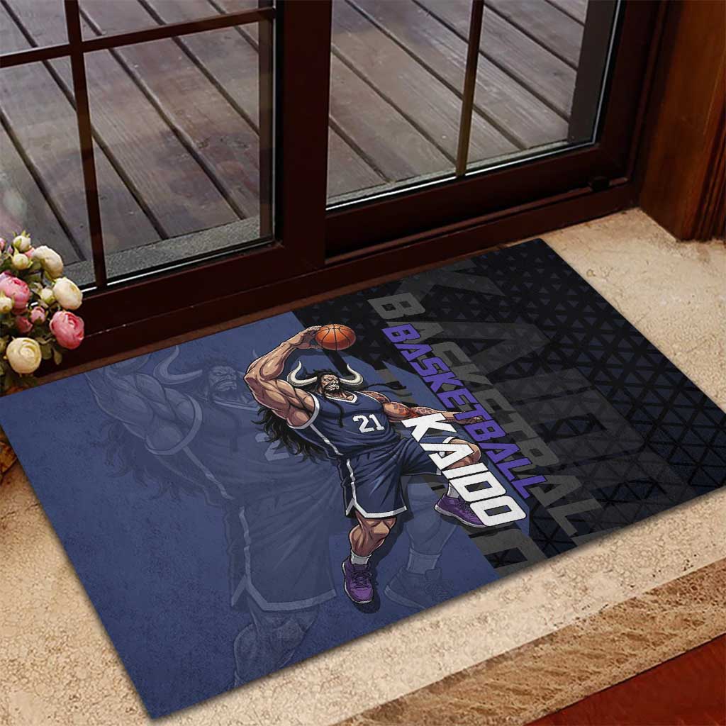 Kaido One Piece Basketball Theme Navy and Black Design Rubber Doormat with Dragon Skull Emblem and Power Dunk Pose - The Mazicc