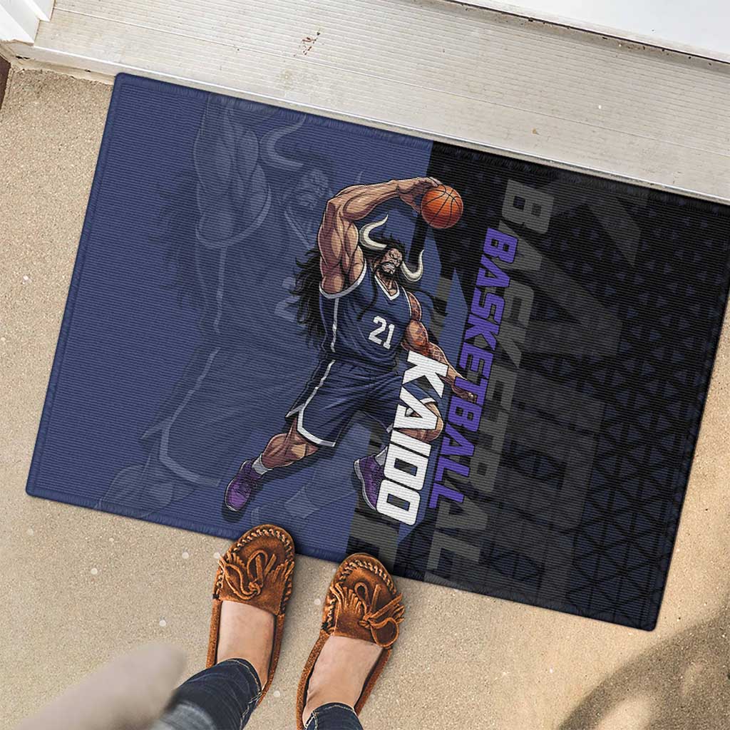 Kaido One Piece Basketball Theme Navy and Black Design Rubber Doormat with Dragon Skull Emblem and Power Dunk Pose - The Mazicc