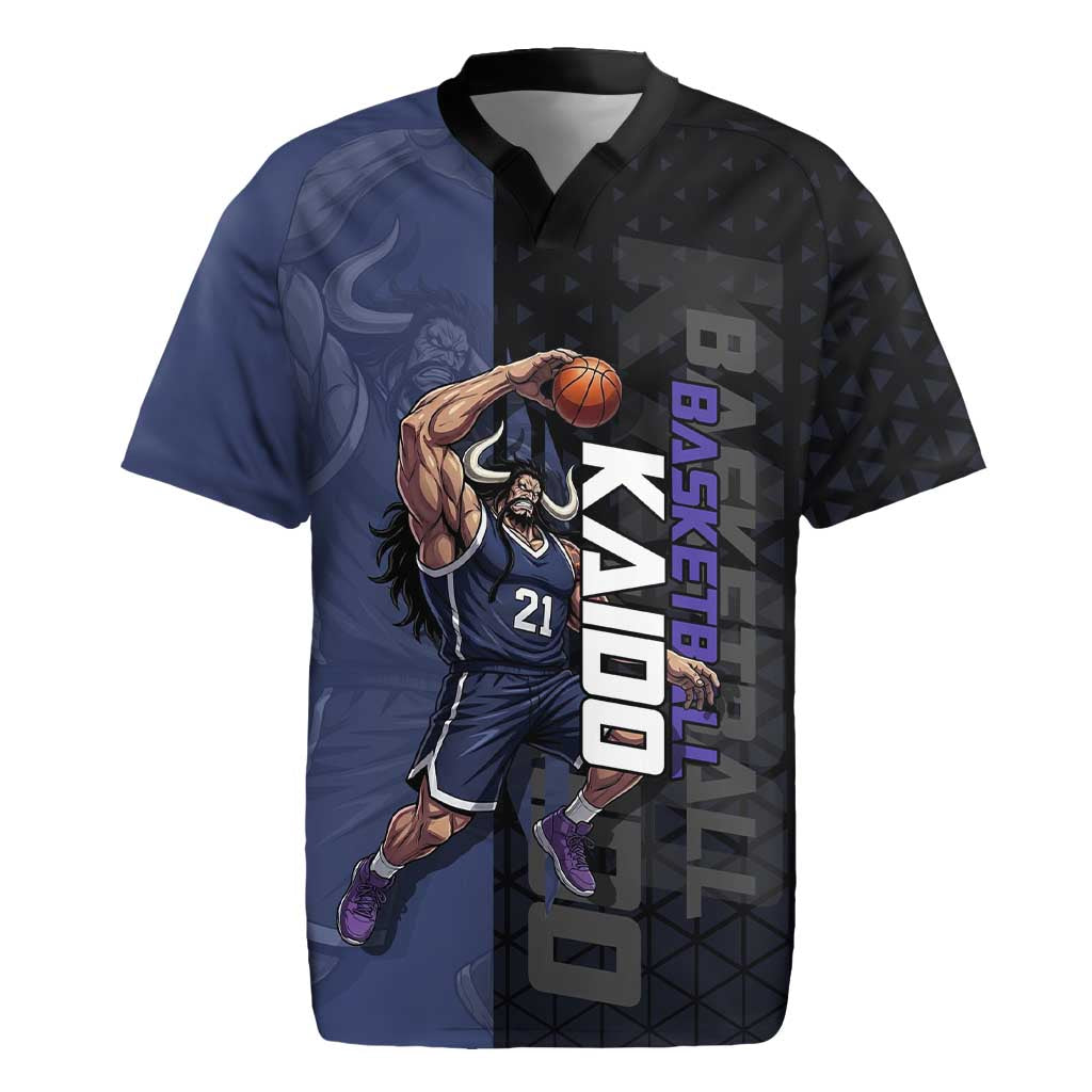 Kaido One Piece Basketball Theme Navy and Black Design Rugby Jersey with Dragon Skull Emblem and Power Dunk Pose - The Mazicc