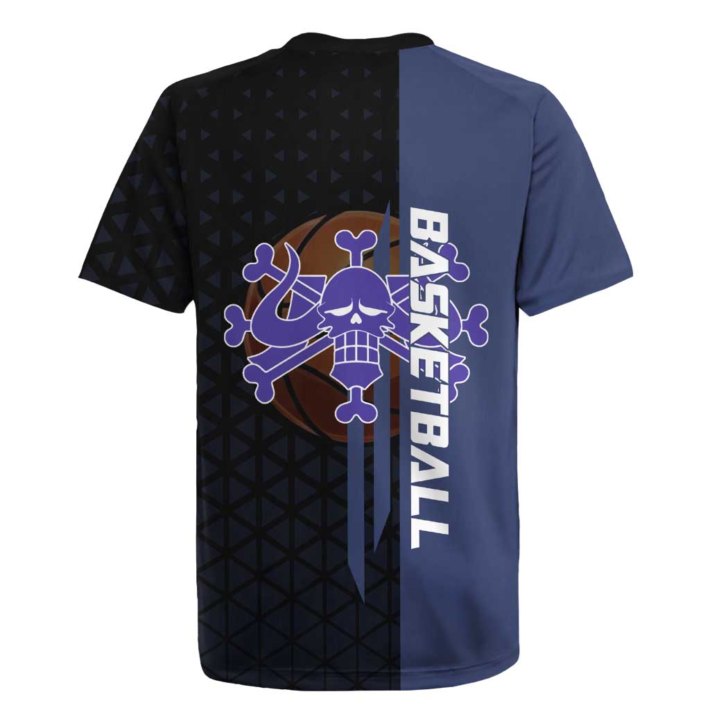 Kaido One Piece Basketball Theme Navy and Black Design Rugby Jersey with Dragon Skull Emblem and Power Dunk Pose - The Mazicc
