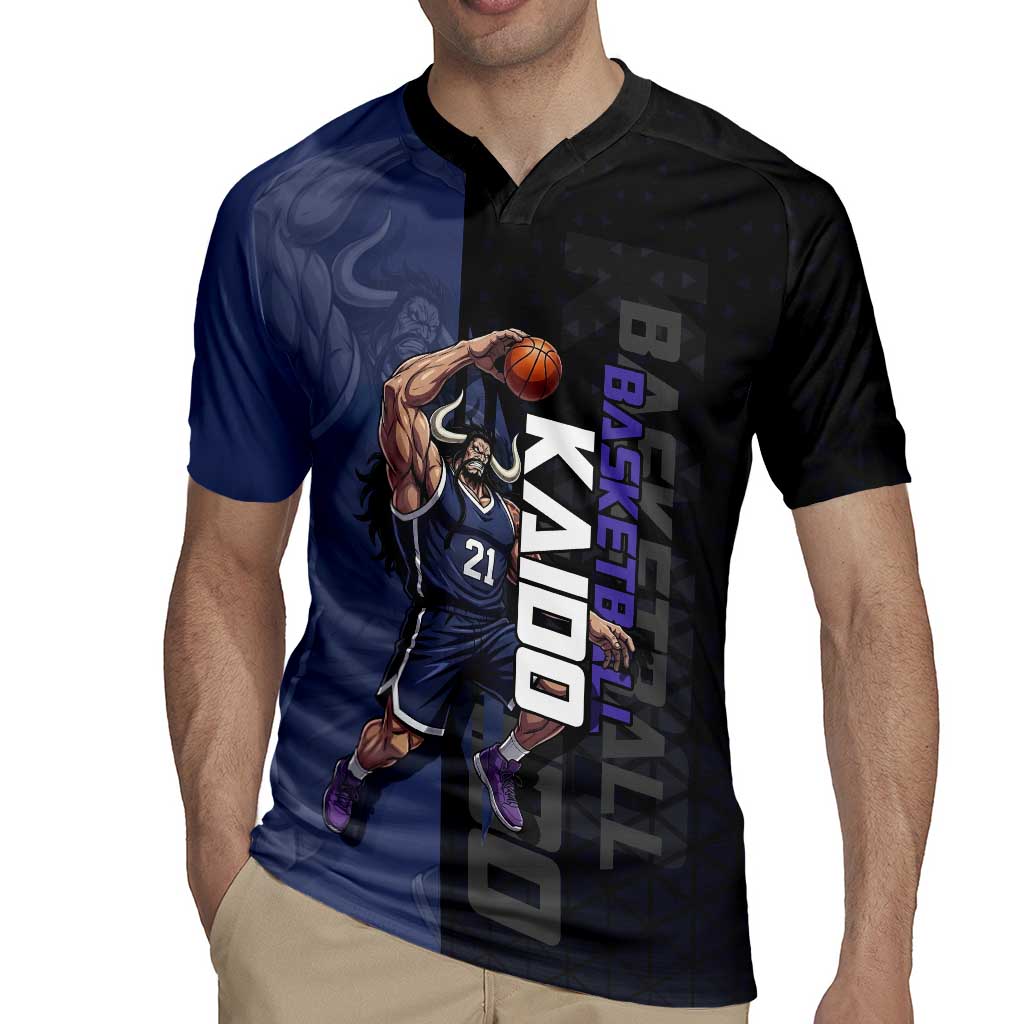 Kaido One Piece Basketball Theme Navy and Black Design Rugby Jersey with Dragon Skull Emblem and Power Dunk Pose - The Mazicc