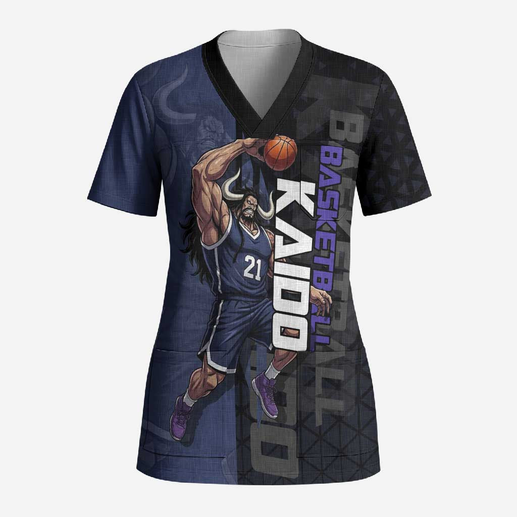 Kaido One Piece Basketball Theme Navy and Black Design Scrub Top with Dragon Skull Emblem and Power Dunk Pose - The Mazicc