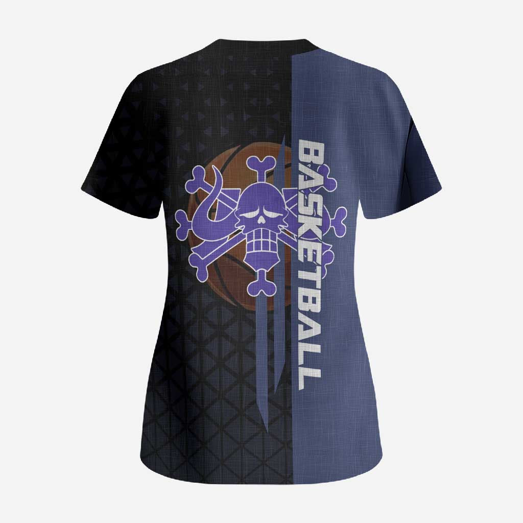 Kaido One Piece Basketball Theme Navy and Black Design Scrub Top with Dragon Skull Emblem and Power Dunk Pose - The Mazicc
