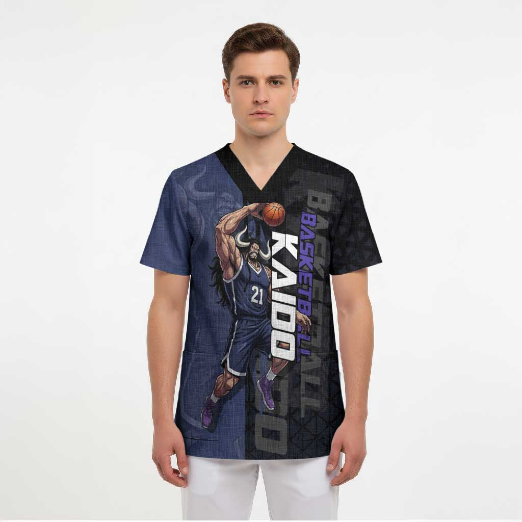 Kaido One Piece Basketball Theme Navy and Black Design Scrub Top with Dragon Skull Emblem and Power Dunk Pose - The Mazicc