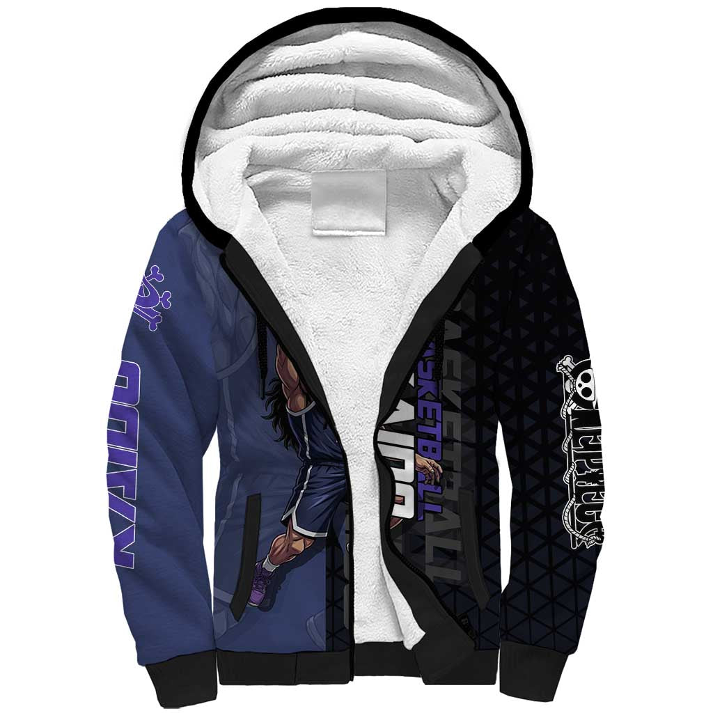 Kaido One Piece Basketball Theme Navy and Black Design Sherpa Hoodie with Dragon Skull Emblem and Power Dunk Pose - The Mazicc