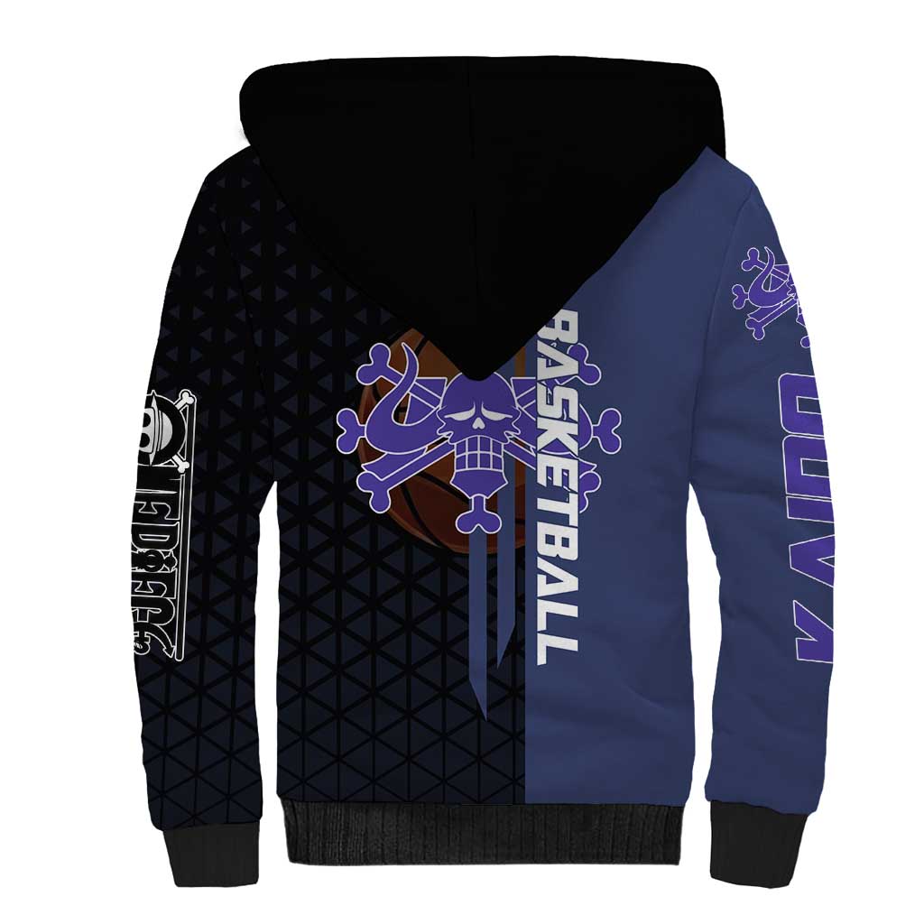 Kaido One Piece Basketball Theme Navy and Black Design Sherpa Hoodie with Dragon Skull Emblem and Power Dunk Pose - The Mazicc