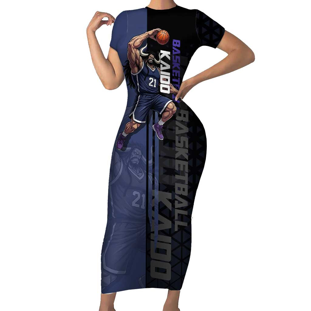 Kaido One Piece Basketball Theme Navy and Black Design Short Sleeve Bodycon Dress with Dragon Skull Emblem and Power Dunk Pose - The Mazicc