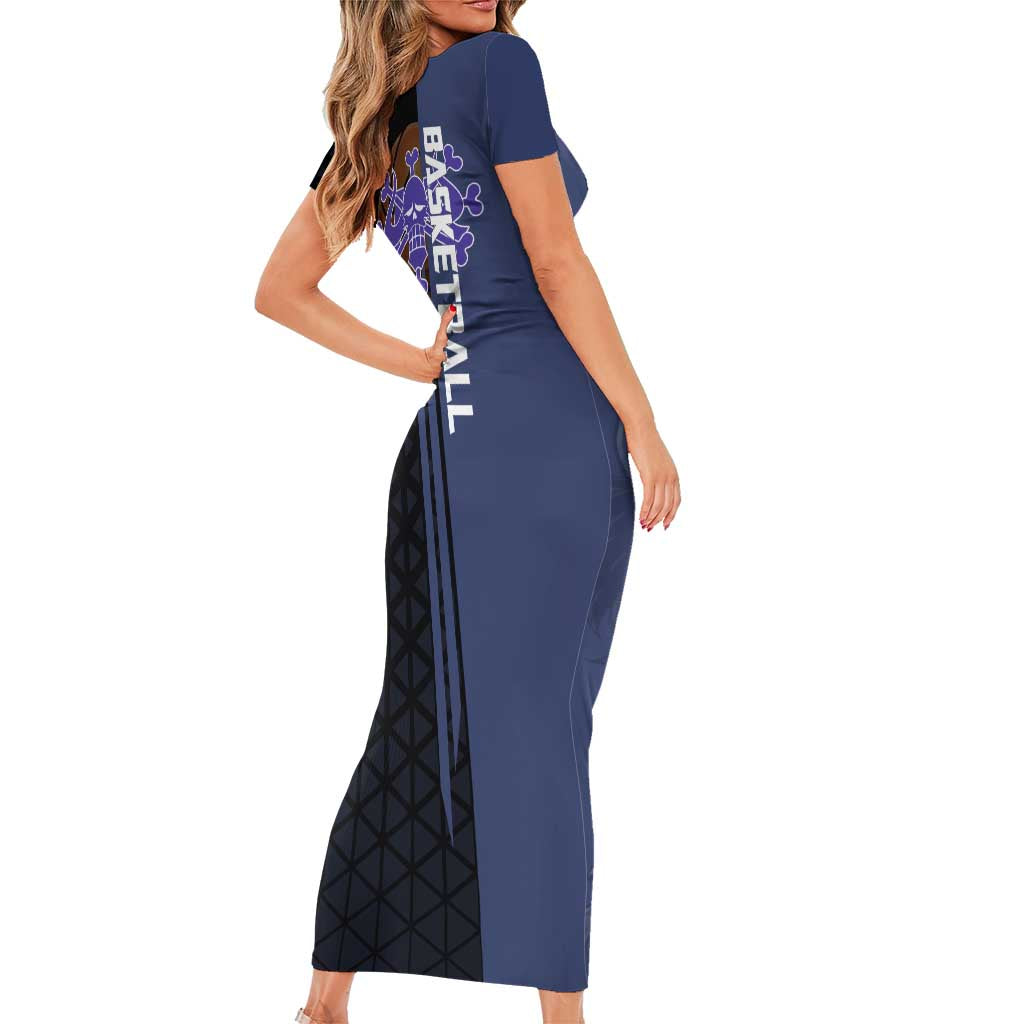 Kaido One Piece Basketball Theme Navy and Black Design Short Sleeve Bodycon Dress with Dragon Skull Emblem and Power Dunk Pose - The Mazicc