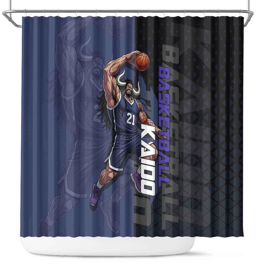 Kaido One Piece Basketball Theme Navy and Black Design Shower Curtain with Dragon Skull Emblem and Power Dunk Pose - The Mazicc