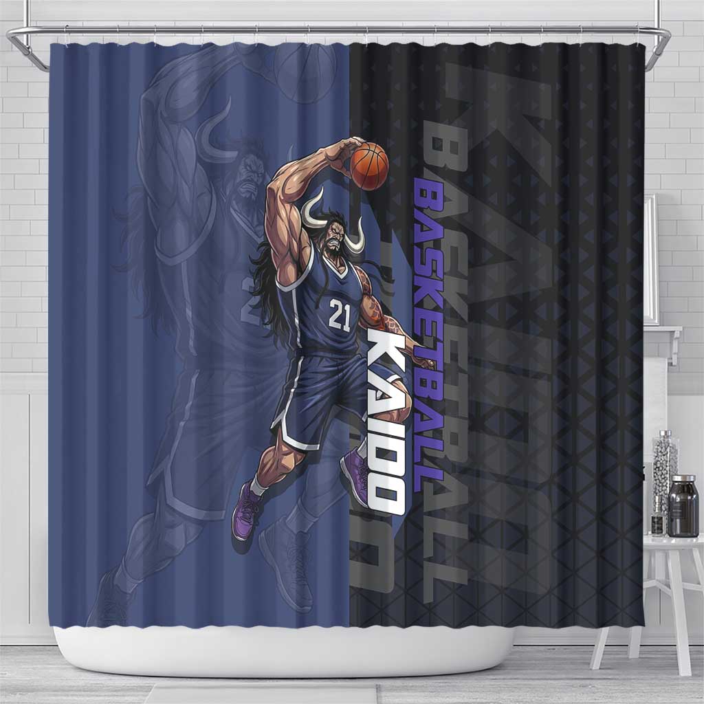 Kaido One Piece Basketball Theme Navy and Black Design Shower Curtain with Dragon Skull Emblem and Power Dunk Pose - The Mazicc