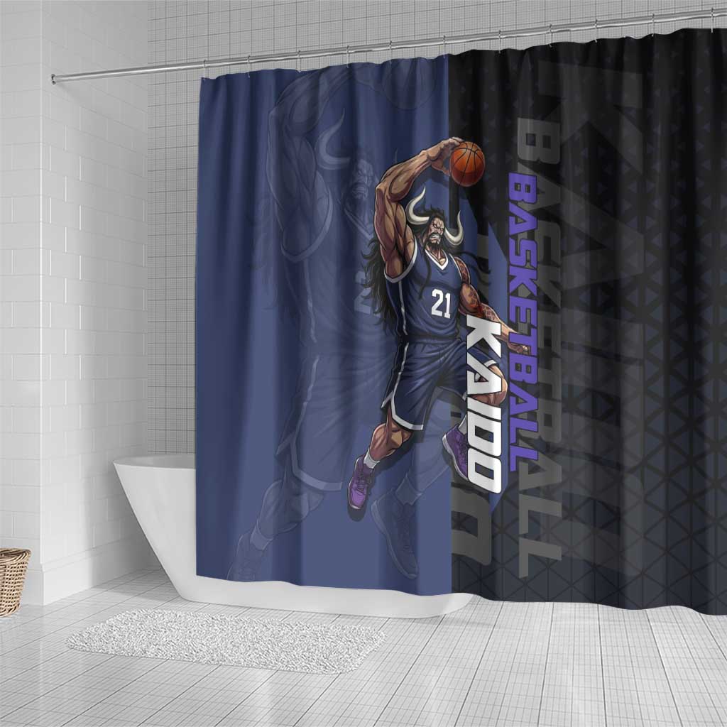 Kaido One Piece Basketball Theme Navy and Black Design Shower Curtain with Dragon Skull Emblem and Power Dunk Pose - The Mazicc