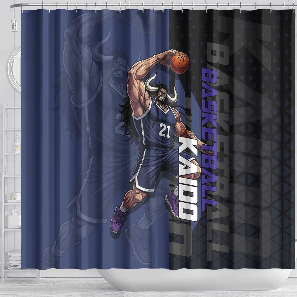 Kaido One Piece Basketball Theme Navy and Black Design Shower Curtain with Dragon Skull Emblem and Power Dunk Pose - The Mazicc
